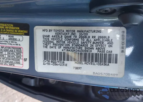 2004 Toyota Camry Se V6 z USA, uszkodzony, nr VIN 4T1BA32K04U009913